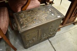 A late 19th or early 20th Century copper covered kindling or slipper box