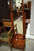 A modern red stain pine cheval mirror having deep drawer base with Georgian effect handle