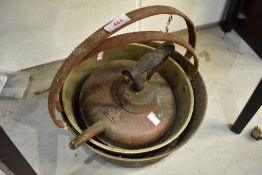 Two vintage brass jam pans ands a copper kettle