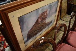 A print after Jonathon Truss, Tiger in the Snow in light mahogany effect frame