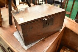 A period oak candle box, with metal clasp (af) dimensions approx 32 x 20 x 17cm