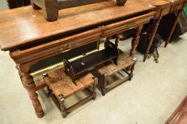 A Victorian Golden oak side table having double frieze drawers on turned frame, stamped Gillow & Co,