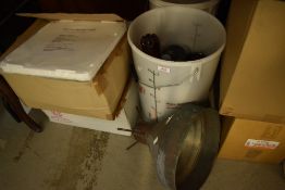 A selection of wine making equipment including heater and bottles