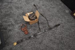 A WW2 Gas Mask in original card box, a leather Bayonet Holster and a leather Royal Navy Belt and