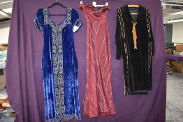A late 1940s/early 50s Peter Jones silk dress in red with gold thread detailing,a 20s/30s blue