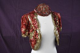 A stunning 1930s French gold and red sequinned jacket with matching cap, brilliant condition for