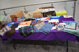A collection of vintage headscarves a hat and stocking case and similar, including Liberty of London