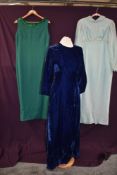 Three vintage maxi dresses including beautiful blue velvet late 50s/early 60s dress, and duck egg