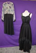 A late 40s/50s dress with button details to shoulders and a 1950s gown with tiered skirt a little