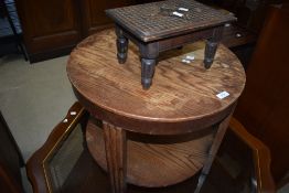 An early to mid 20th Century oak circular coffee table and a carved specimen table (approx. 28 x
