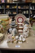 A mixed lot of ceramics including cobalt blue coffee cups having enamel lace effect pattern, trinket