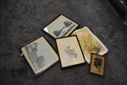 A selection of prints etchings and original art work including watercolour still life