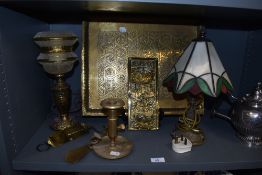An interesting collection of vintage and antique brass and similar including embossed lamp,Key
