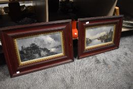 A pair of early 20th century hand painted picture frames with matching prints
