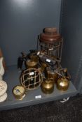 A selection of vintage brass including storm lamp, blow torches,atomisers, pressure gauge and more.