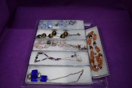Seven necklaces of various forms including Tiger Eye, rose quartz, blue lace agate etc, and two pair