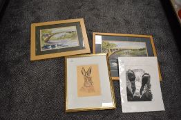 Two original art works including hare and bridge scene also a limited run print of a badger after