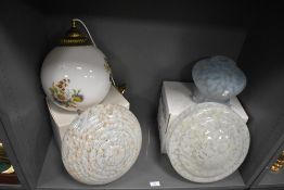 A selection of art deco design light and lamp shades including fly catcher and mottled blue