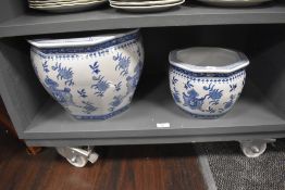 Two blue and white wear design fish bowls or planters