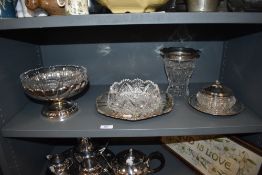 A collection of cut glass having plated details such as lids, rims or trays included are a fruit