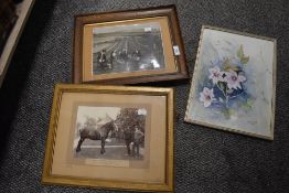 Two vintage frame photographs and a floral print.