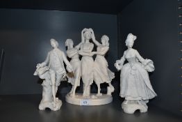 A pair of bisque figures in Georgian costume (AF) and a similar ceramic figure base