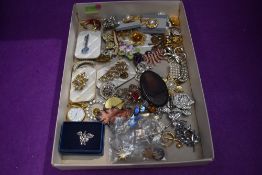 A selection of brooches including ceramic, diamante, Golly etc
