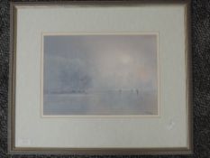 A watercolour, R Stacey, Testing the Ice Tarn Hows, signed and attributed verso, 22 x 31cm, plus