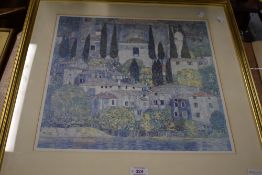 An impressionist print of continental houses after Gustav Klimt