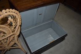 A vintage travel trunk or deed box, approx. 86 x 52 x 30cm, surface rust on the exterior, but very