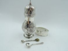 A Victorian silver sugar caster of baluster form having floral and panel decoration with plain