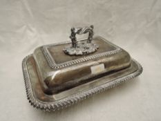 A large rectangular silver five piece lidded warming tureen of traditional form having gadrooned