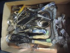 A selection of silver plate including a tray, flatware, crumb tray and fish servers etc