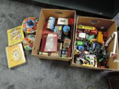 Two boxes of playworn diecasts including Corgi, Dinky, Britains etc and Chad Valley tin plate