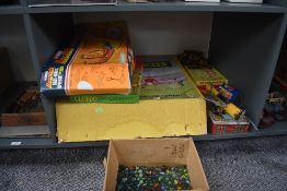 A shelf of vintage Toys and Games including Tudor Rose Table Top Soccer, Sharon See Jed Indian