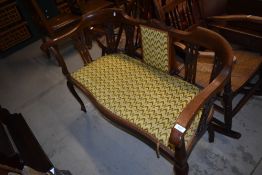 An Edwardian mahogany salon suite having shaped rail and line inlay decoration
