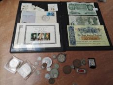 A small collection of Coins, Stamps and Banknotes, coins includes Silver Threepences, stamps include