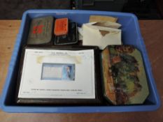 A box of World Stamps, Covers, Accessories and Tins