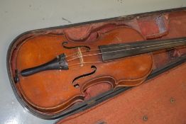 A traditional violin, having two piece back, approx 14in, in period wooden case, labelled