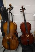 Two traditional student size cellos (1/2 size?) in soft bags and a cello stand