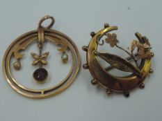 An Edwardian style 9ct rose gold pendant having ruby and seed pearl decoration, and a 9ct gold