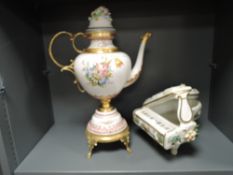 A large Italian decorative ewer or teapot in a Capodimonte style and a similar piano model