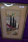 A vintage needlework picture of a country cottage