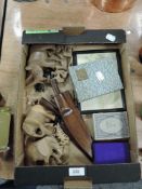 A mixed lot including a set of Shaw Savill line playing cards, wooden animal figures,knives in