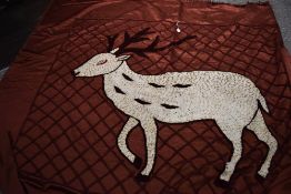 A vintage brown candlewick throw having deer to centre and fringing to edges 'Meghalaya products,