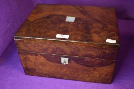 A fine antique sewing or make up case having walnut burr case with fitted interior with mirror
