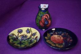 Two ceramic pin dishes by Moorcroft and a similar vase AF