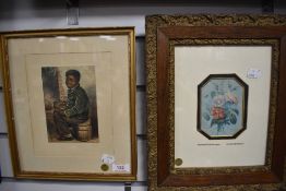 An ornate carved wood gilt and gesso picture frame and similar print