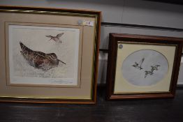 A Ltd Ed print, after Ronald Beacon, Woodcock, num 5/100, 21 x 24cm, and a watercolour, Ronald