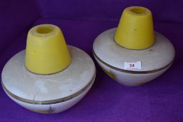 A pair of atomic style printed glass light shades one AF